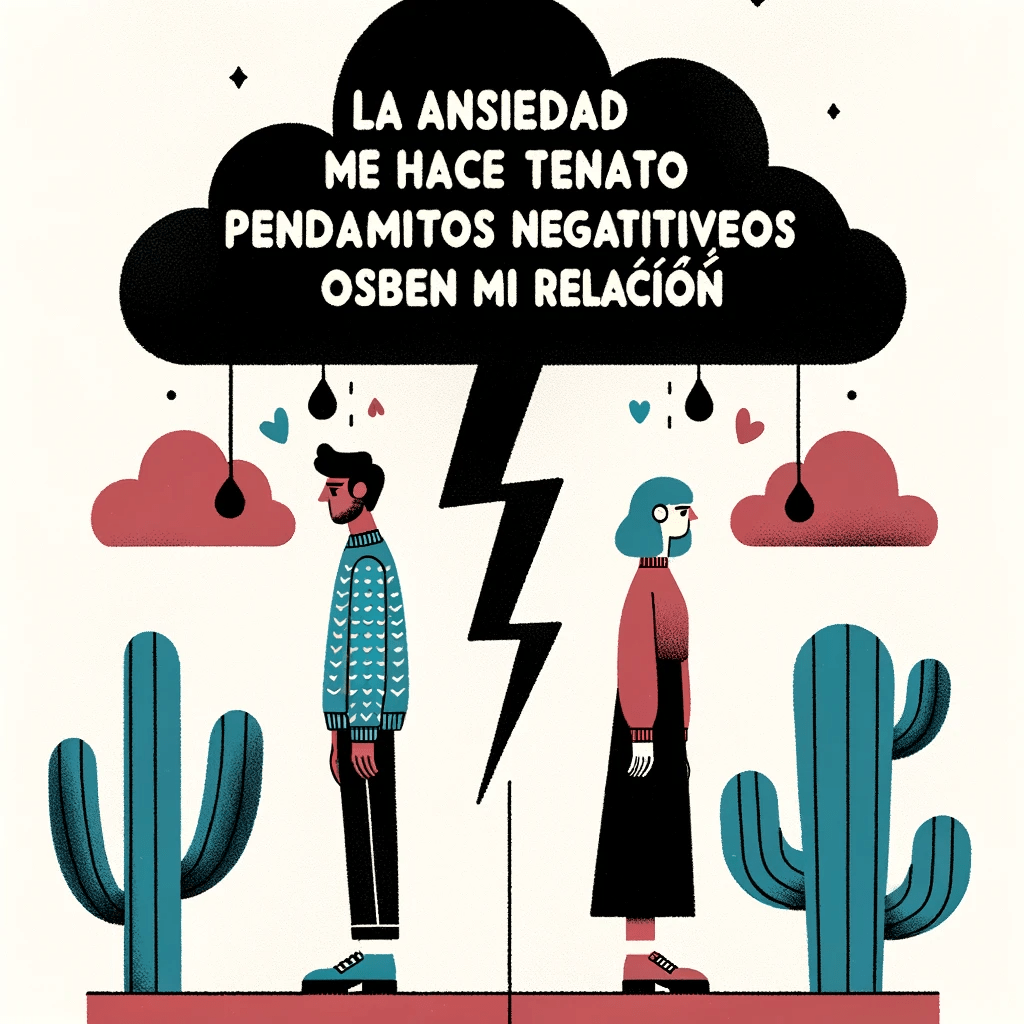 DALL·E 2023-10-12 08.54.56 - Illustration of a couple standing apart with a storm cloud above them representing anxiety, and the title 'La ansiedad me hace tener pensamientos nega