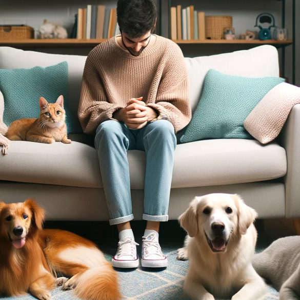 DALL·E 2023-10-12 09.08.16 - Photo of a cozy living room setting with a person and a variety of pets surrounding them, all in a moment of relaxation and connection. The title 'Cóm