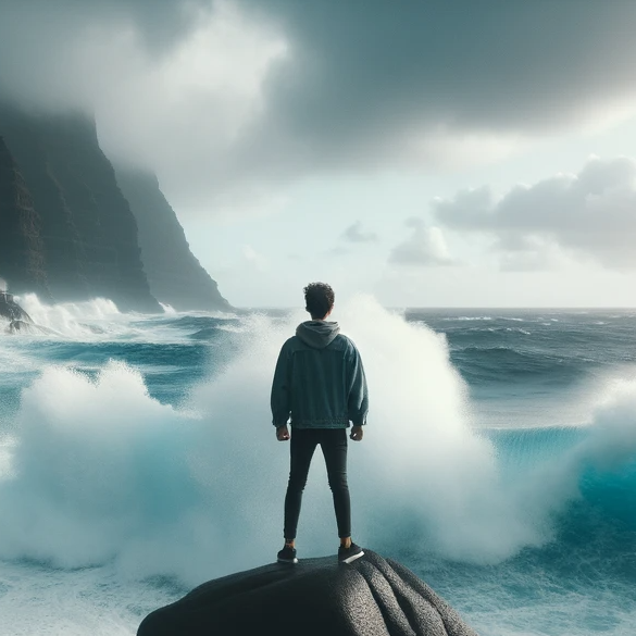 DALL·E 2023-10-12 09.12.43 - Photo of a person standing on a rocky coastline, facing the waves with determination, symbolizing overcoming emotional challenges. The title 'Cómo Sup