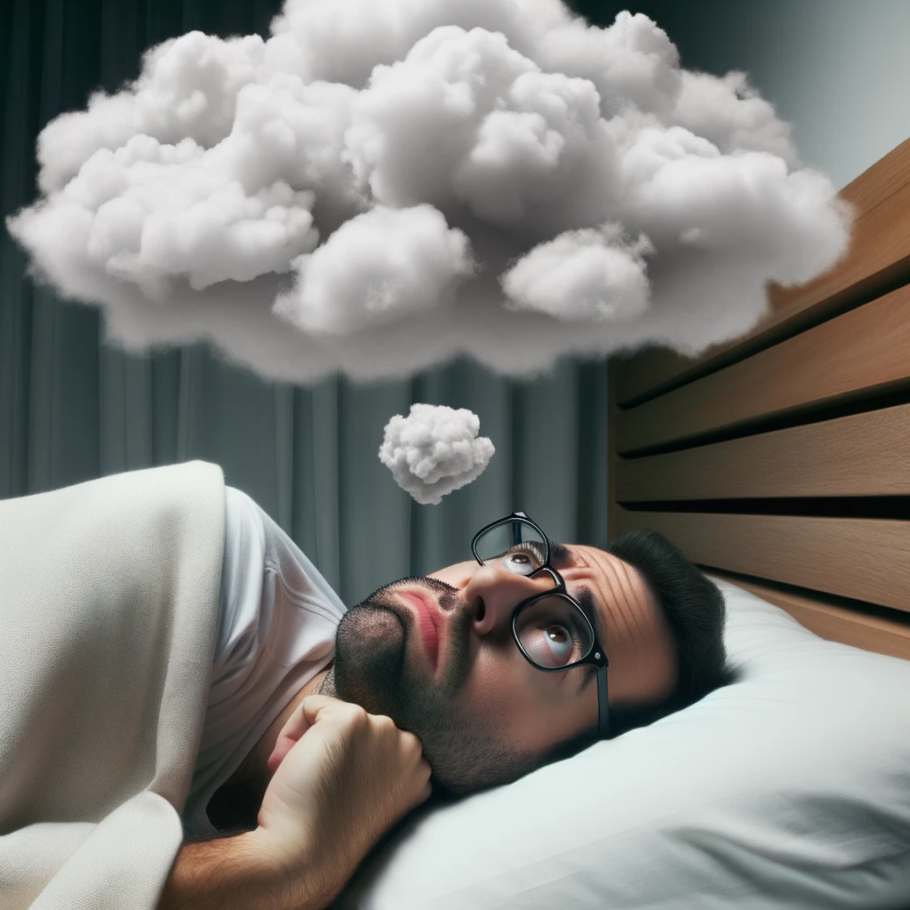 DALL·E 2023-10-17 20.04.56 - Photo_ Una persona en la cama mirando el techo con expresión preocupada, mientras una nube de pensamientos ansiosos flota sobre su cabeza