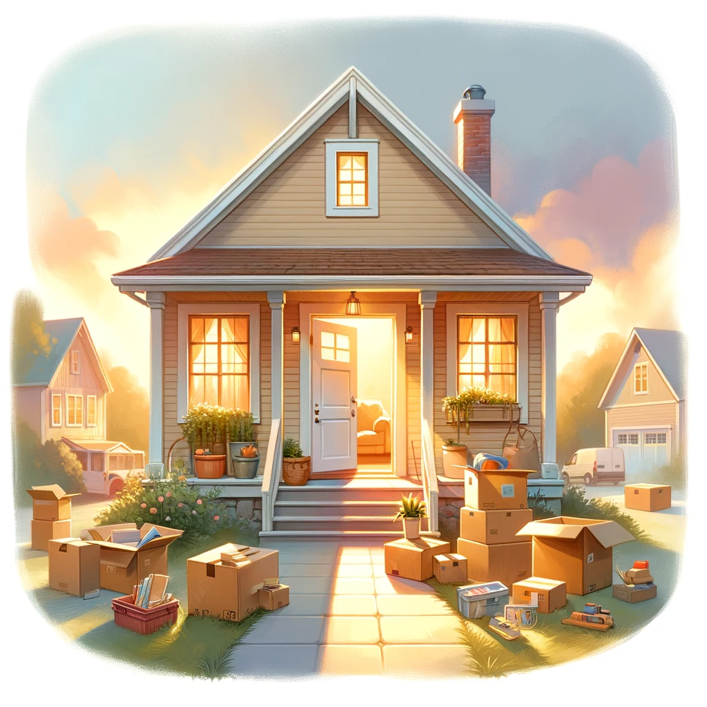 DALL·E 2023-11-08 18.52.27 - A cozy and inviting new home with an open door, surrounded by unpacked boxes and welcoming light shining through the windows. The house is set in a se