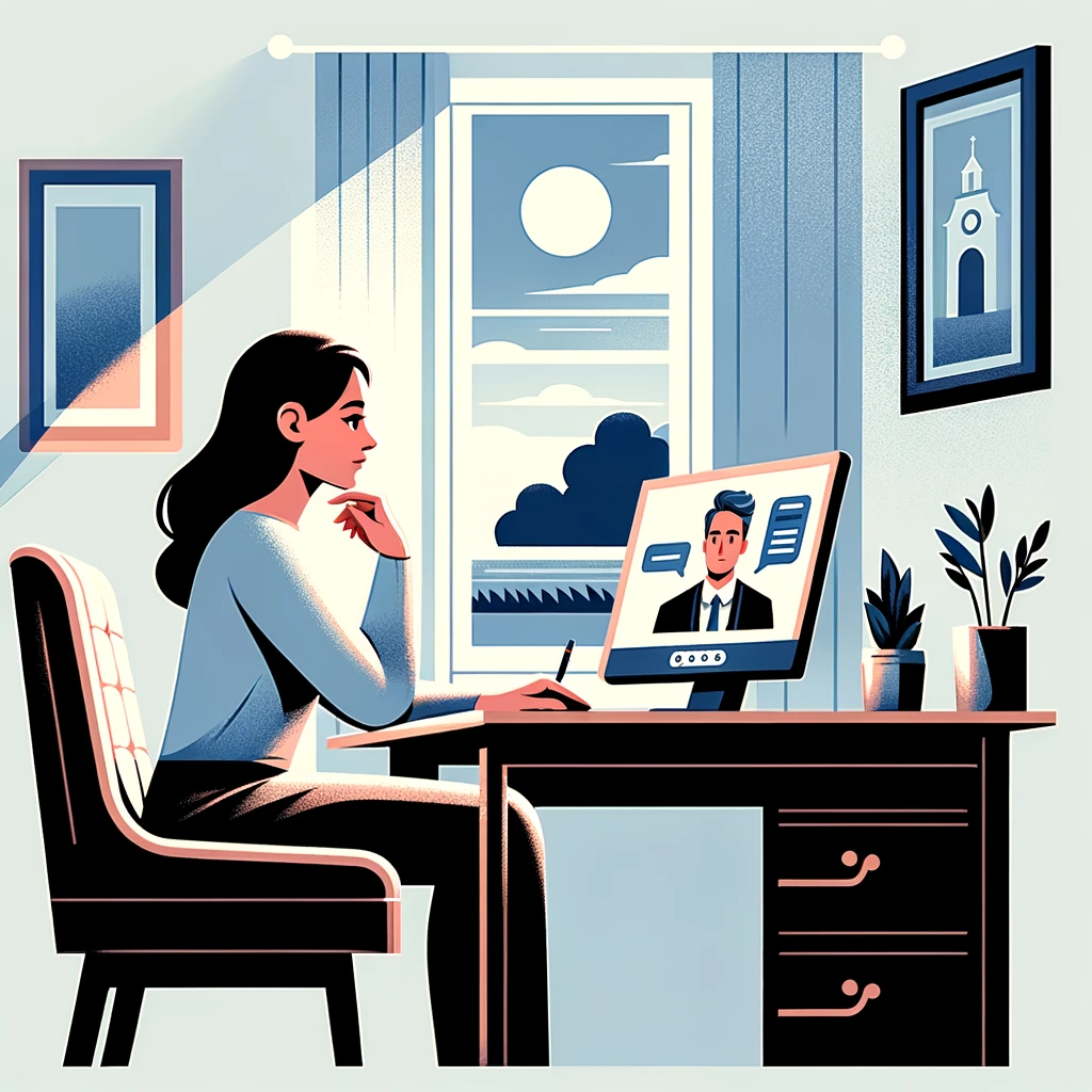 Ilustración vectorial de una mujer hispana sentada en su escritorio, mirando pensativamente una sesión de terapia en línea en su computadora, mostrando calma y concentración en un ambiente de serenidad y equilibrio