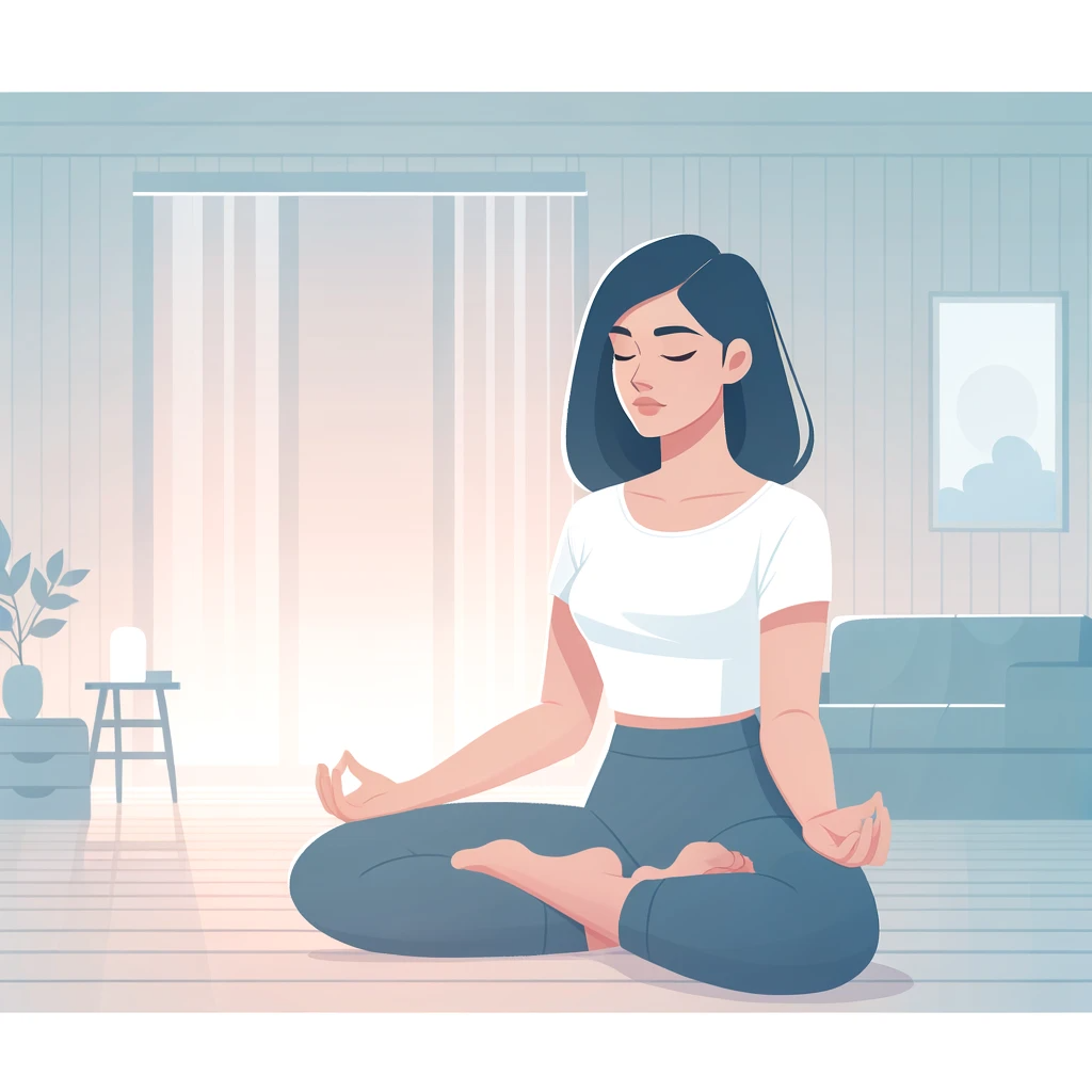 "Ilustración en estilo vectorial de una mujer llamada Ana practicando mindfulness en un ambiente sereno, sentada en posición de loto y meditando con los ojos cerrados en una habitación tranquila y minimalista, simbolizando un entorno calmado y enfocado."