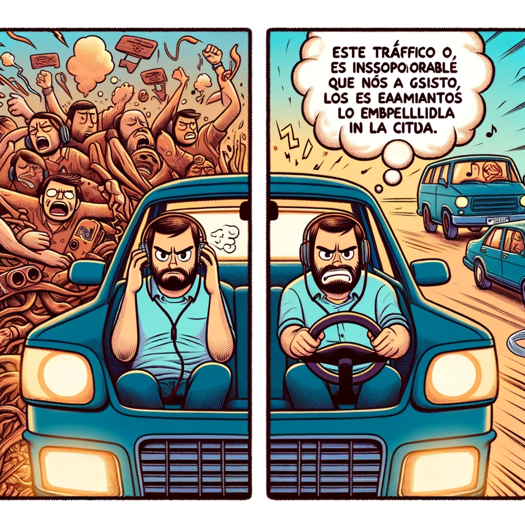 "Ilustración vectorial de Carlos manejando la ira en el tráfico, mostrando su transición de frustración a calma mediante la reestructuración cognitiva, con pensamientos que cambian de negativos a positivos en un embotellamiento."