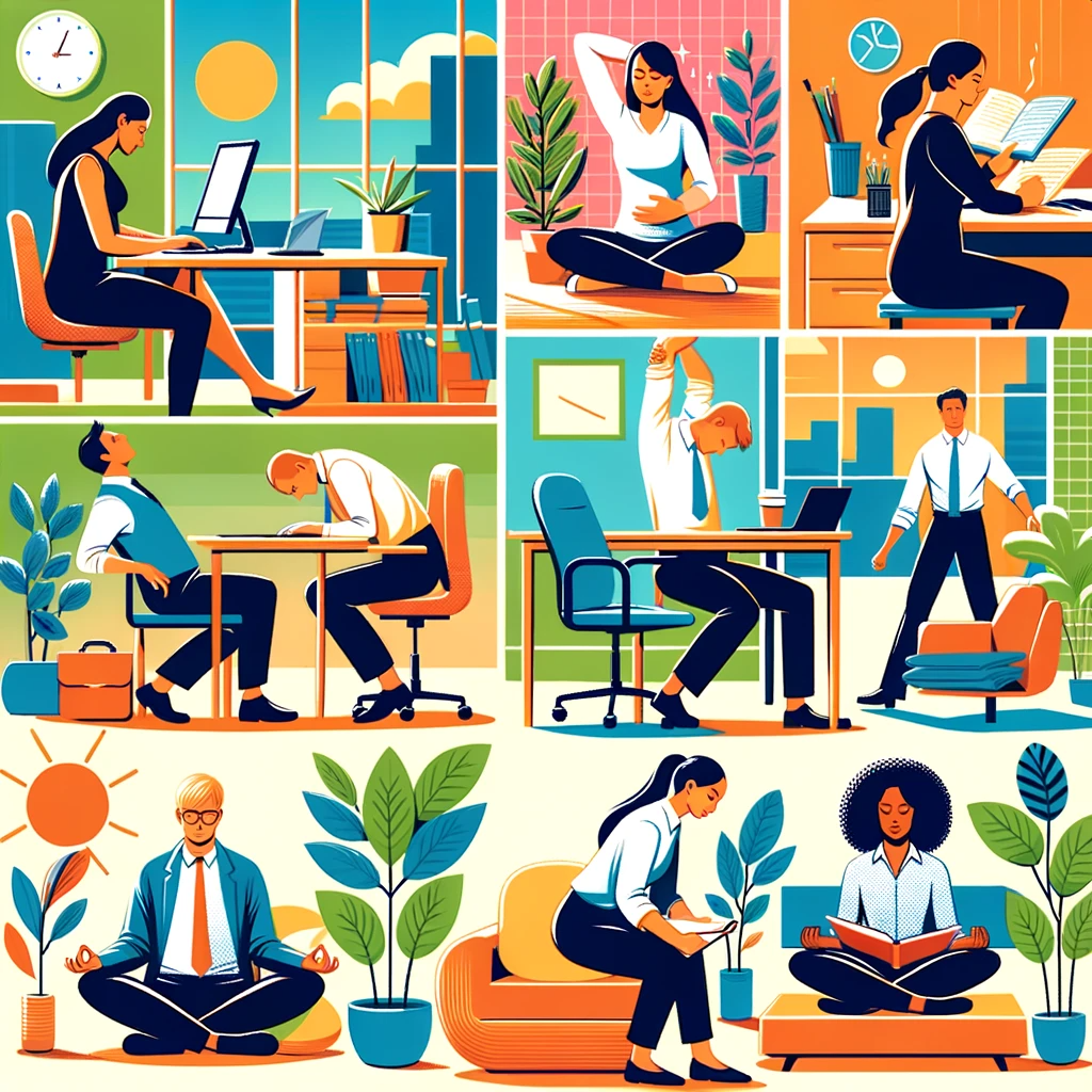a-colorful-vector-illustration-depicting-various-strategies-for-reducing-workplace-stress.-the-scene-shows-a-diverse-group-of-office-workers-practicin.