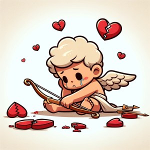 Cupido de estilo caricatura, cansado y triste, sentado en el suelo rodeado de corazones rotos. Su arco yace inactivo a su lado, capturando un momento de derrota y melancolía.