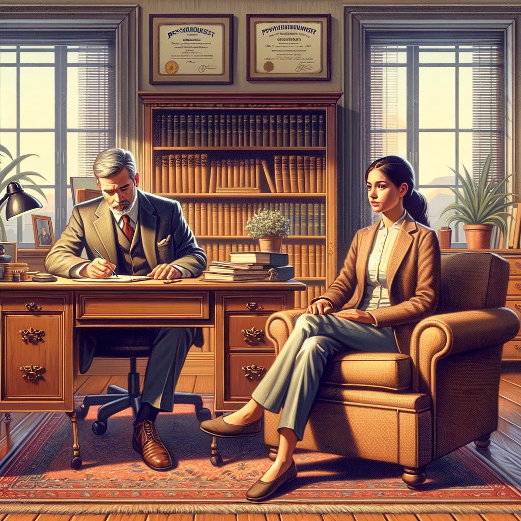 Psicólogo y paciente en oficina, el psicólogo escribe mientras pa paciente espera. estilo clasicismo