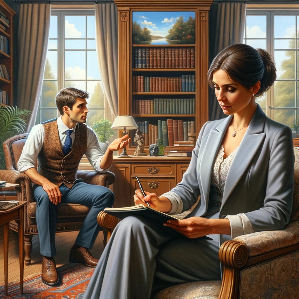 Psicóloga joven de cabello negro, vestida elegantemente toma notas de su paciente que esta abstraído en su discurso, el viste chaleco y corbata, estan en un consultario clasico con un gran librero. Estilo clasicista