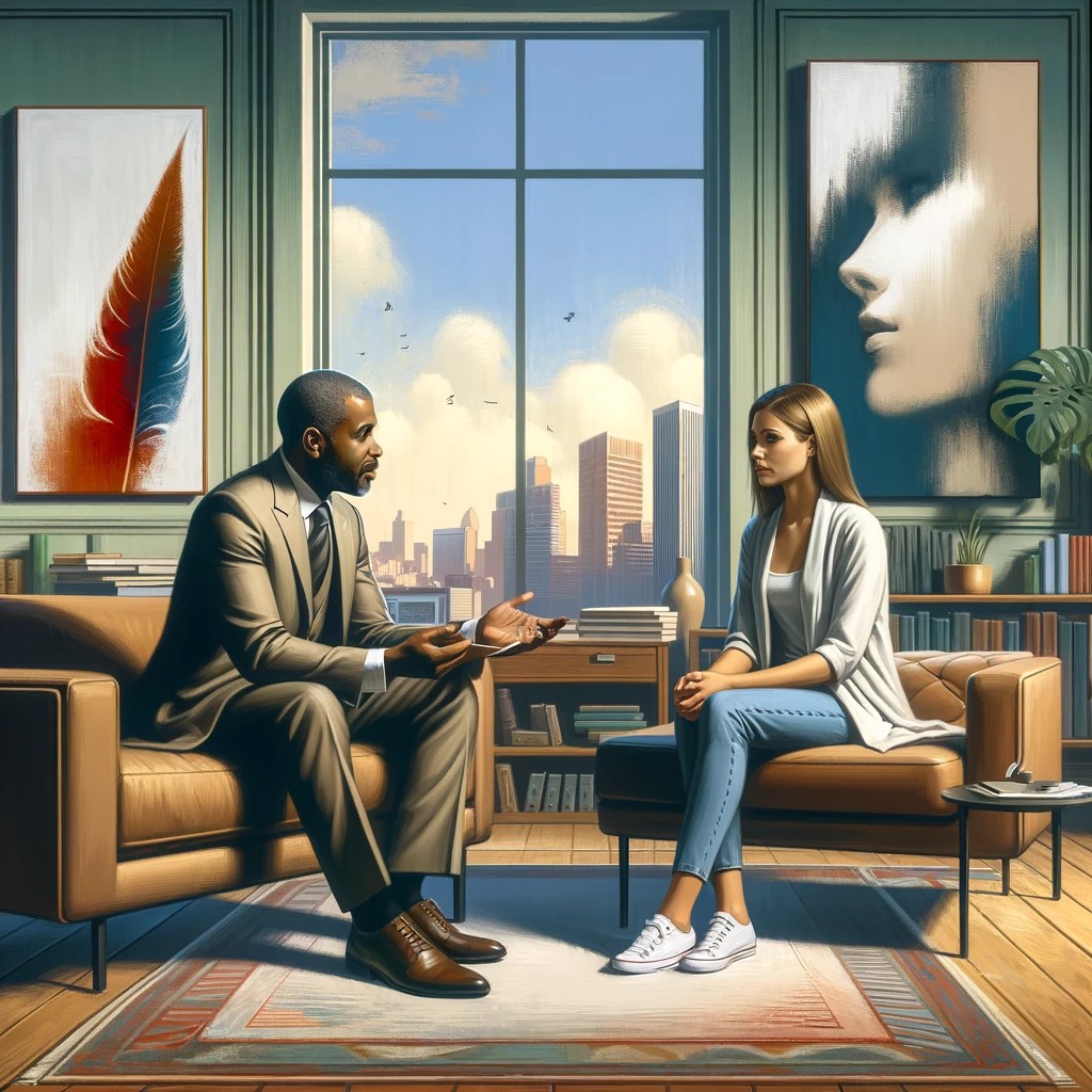 Psicólogo de Color vestido de traje explica algo a su paciente sentada frente a él. ella es rubia vestida casuelmente. El consultorio es grande tiene pinturas al fondo y se puede ver la ciudad por la ventana. Estilo clasicista