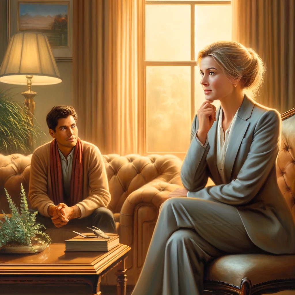 Psicóloga rubia vestida con traje azul y cabello recogido piensa su respuesta mientras su paciente espera pacientemente mirandola fijamente sentado en un comodo sillon clasico frente a un helecho, la ventana refleja un atardecer. Estilo clasicista