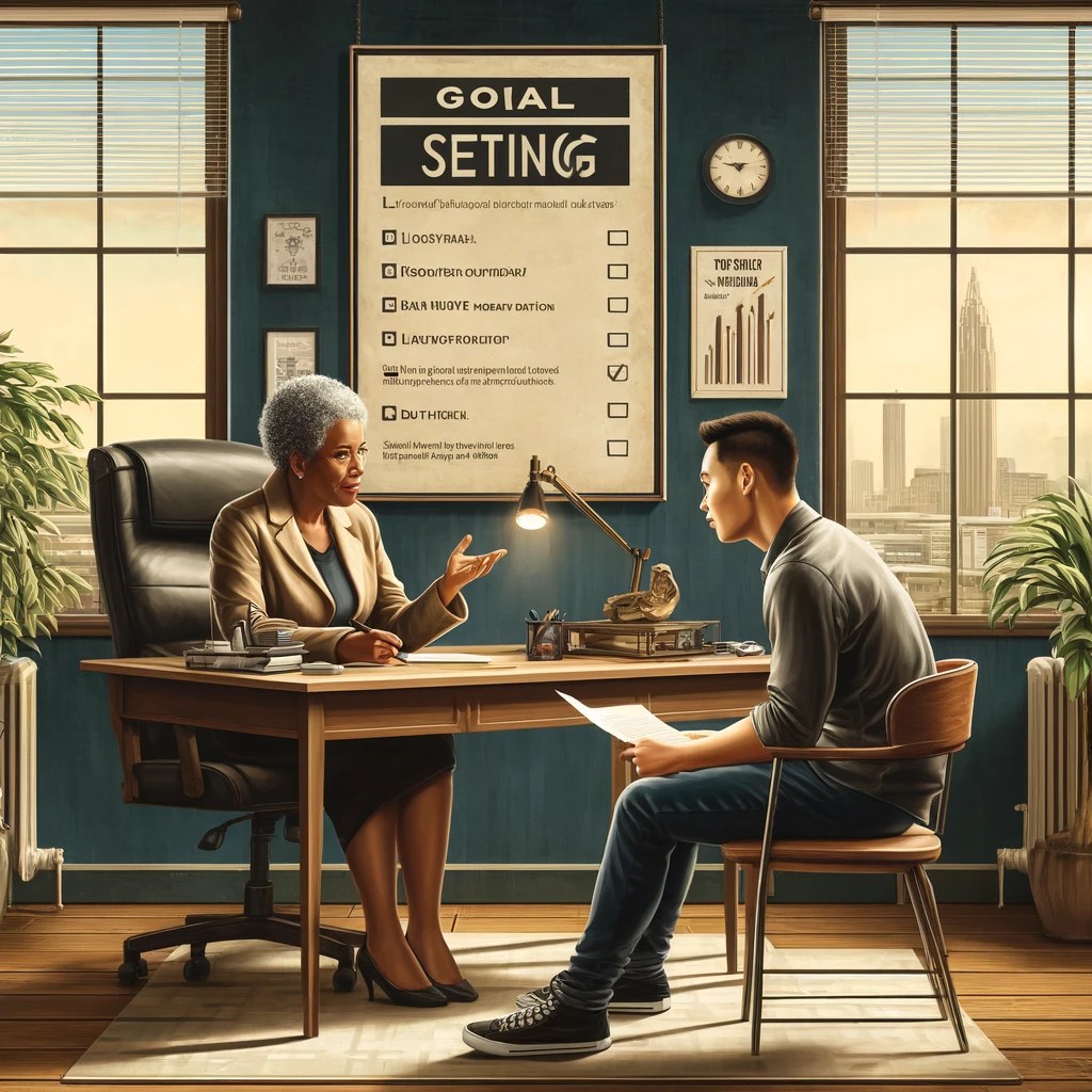 Psicóloga experimentada de color explica resultados a un joven asiatico sentado frente a su escritorio, en los ventanales se mira la ciudad y hay un gran cartel que representa las metas que pueden alcanzar. 