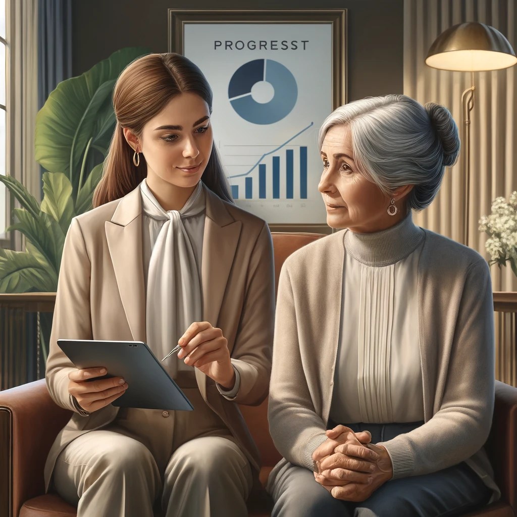 Psicologa muesta a persona mayor graficas en su tablet que representan el costo de asistir con un psicologo, le muestra el progreso que tendrá y el analisis de costo - benefcio. La mujer de edad escucha atentamente. EStan en un consultorio sentadas comodamente una al lado de la otra. 