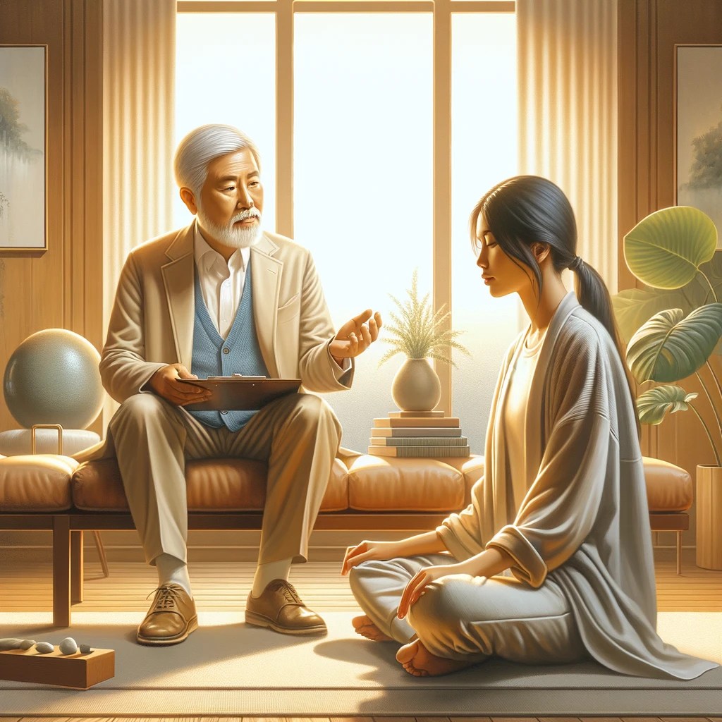 Psicólogo asiatico de barba blanca, vestido de traje, sentado en un sofa de espaldas a una ventana bien iluminada por el atardecer le explica a a una mujer asiatica sentada en posición de flor de loto como meditar mientras ella cierra sus ojos. 