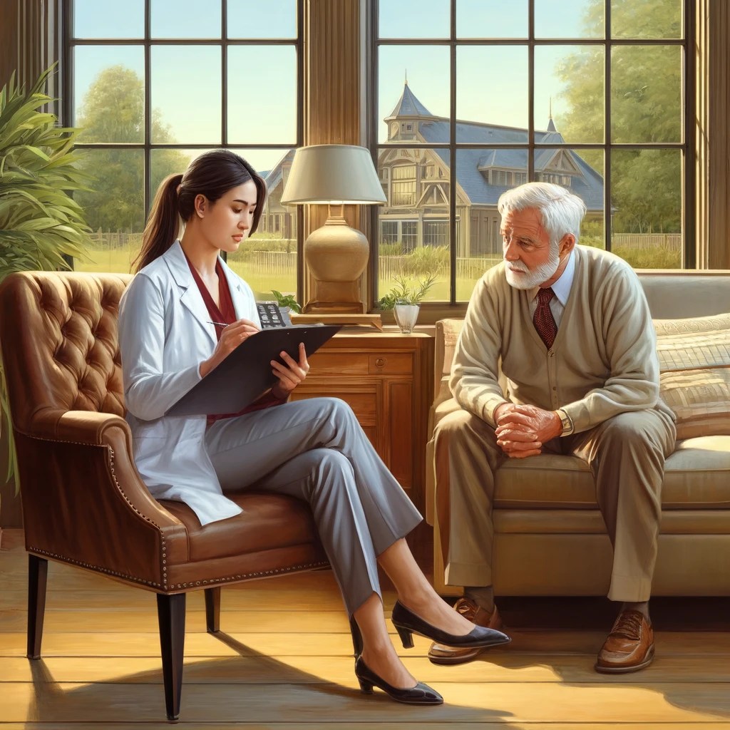 Psicóloga asiatica joven toma notas sentada en un sillon mientras su paciente, un hombre de edad con barba blanca vestido con sueter y corbata sentado en un sofa la mira atentamente. 