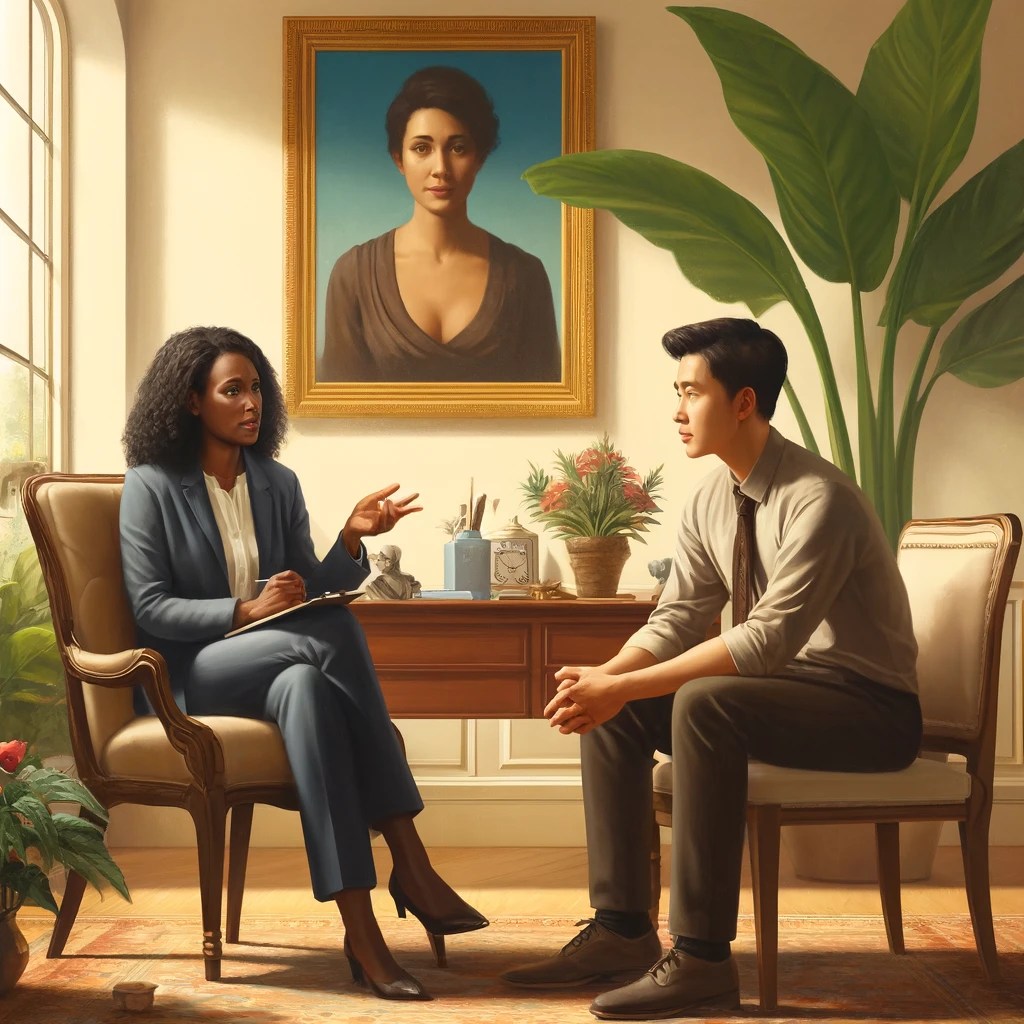 Psicóloga de color en traje azul toma notas y explica a paciente asiatico vestido con corbata. El mira el horizontee, ambos estan sentados en sillas comodas en un consultorio con un gran ventanal. 