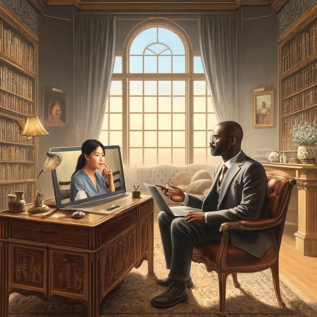 Psicólogo de color explica algo a su paciente asiatica que esta del otro lado de la pantalla, el esta en un consultorio clasico con un gran ventanal y ella esta en la pantalla en un comodo sofa. 