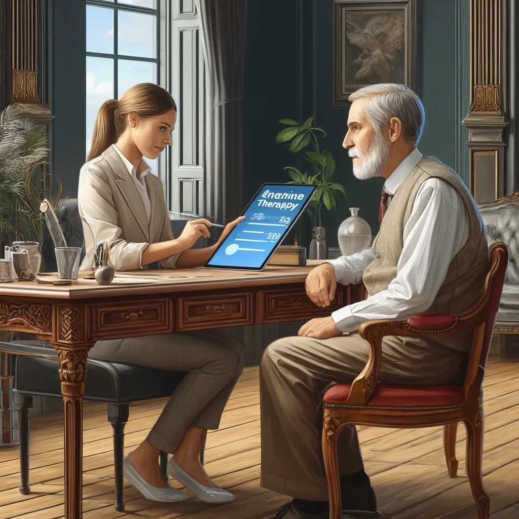 Psicóloga joven y rubis con traje cafe explica la terapia a un hombre mayor vestido con chaleco y corbata, estan en un escritorio sentados en sillas comodas, en un gran consultorio con columnas bellas y ventanas grandes. 