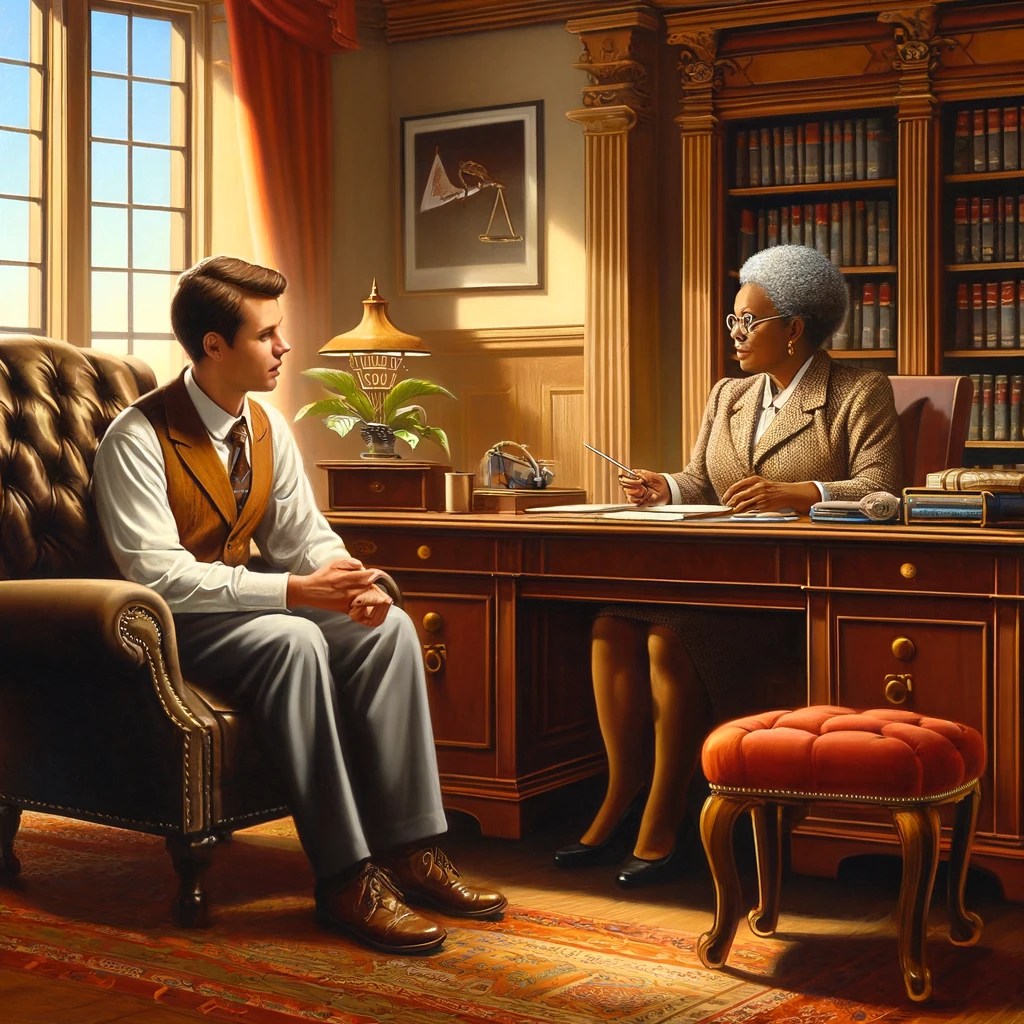 Psicologa de color con gran experiencia y cabello blanco escucha atentamente a su paciente varon vestido con chaleco y corbata, ambos estan en un escritorio sentados en sillas comodas y hay un librero y una ventana