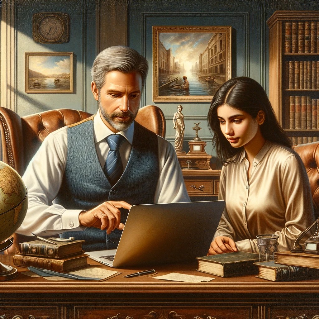 Psicologo experimentado con barba vestido con corbata y chaleco le explica a su paciente, una joven de cabello negro lacio, ambos miran la pantalla de su laptop. El consultorio es clasico con cuadros, libreros y ventanas. 