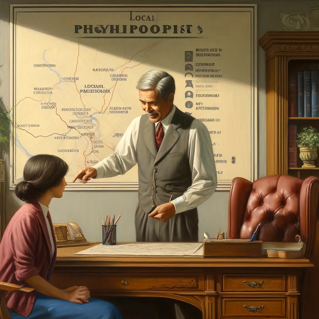 Psicologo de cabello cano y bigote, vestido de traje explica en el pizarron un esquema de distancias y mapas para encontrar su consultorio. Su paciente, una mujer de cabello negro , esta frente a él observandolo atentamente. 