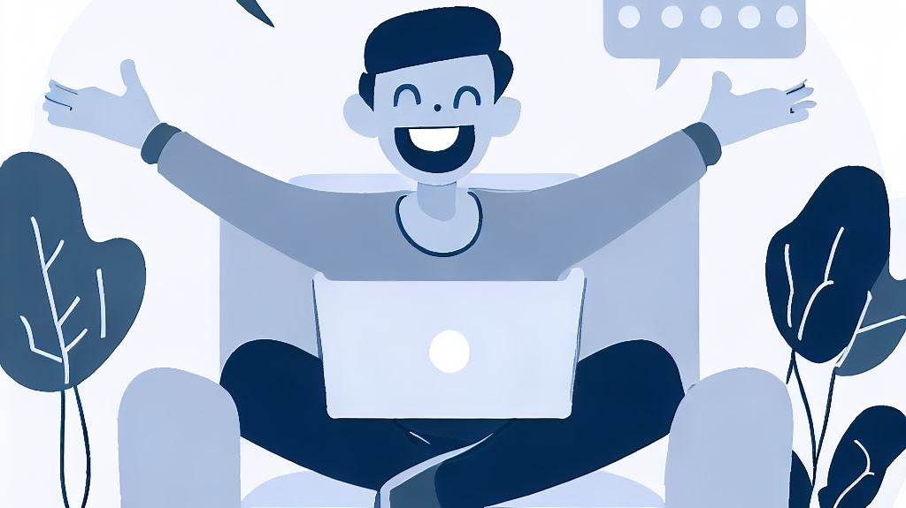 Imagen en vectores de joven sentado en sillón sonriendo y abriendo los brazos con lapto en las piernas