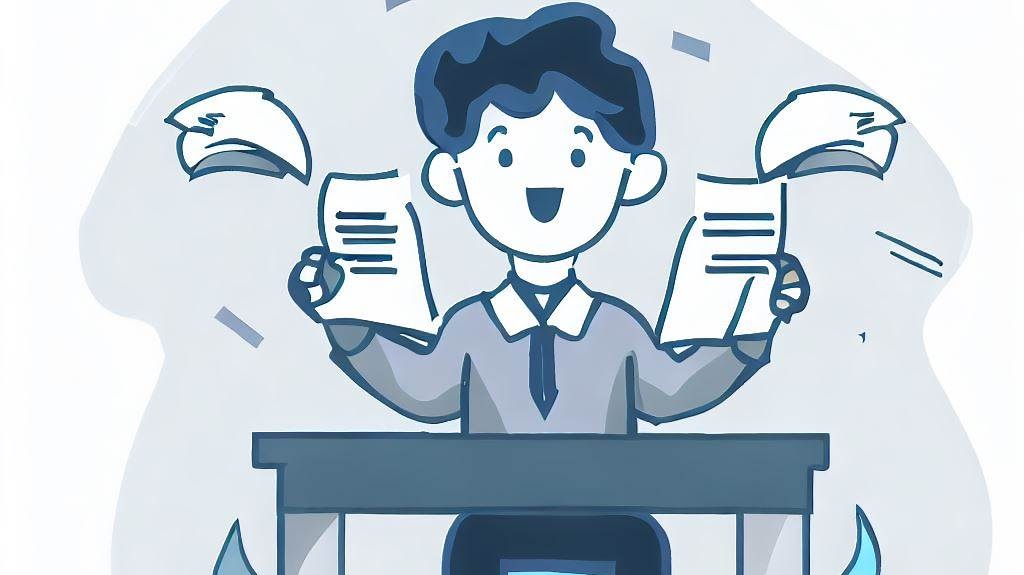 Imagen de jhmbre sentado en escritorio sosteniendo hojas de papel