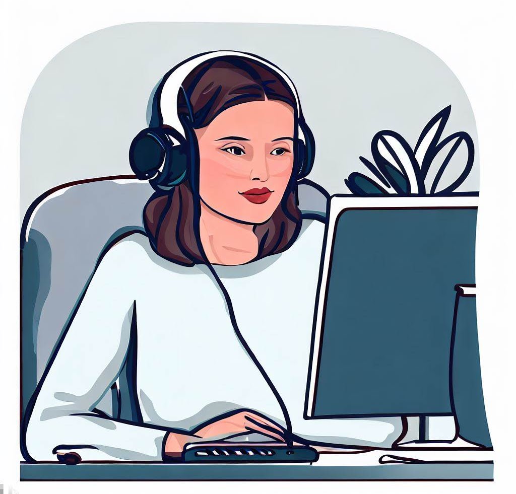 Una persona frente a una computadora, con auriculares puestos y una expresión de concentración mientras participa en una sesión de terapia en línea.