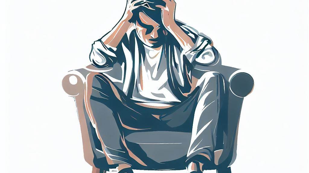 Un hombre sentado en una silla, con expresión preocupada y las manos en la cabeza