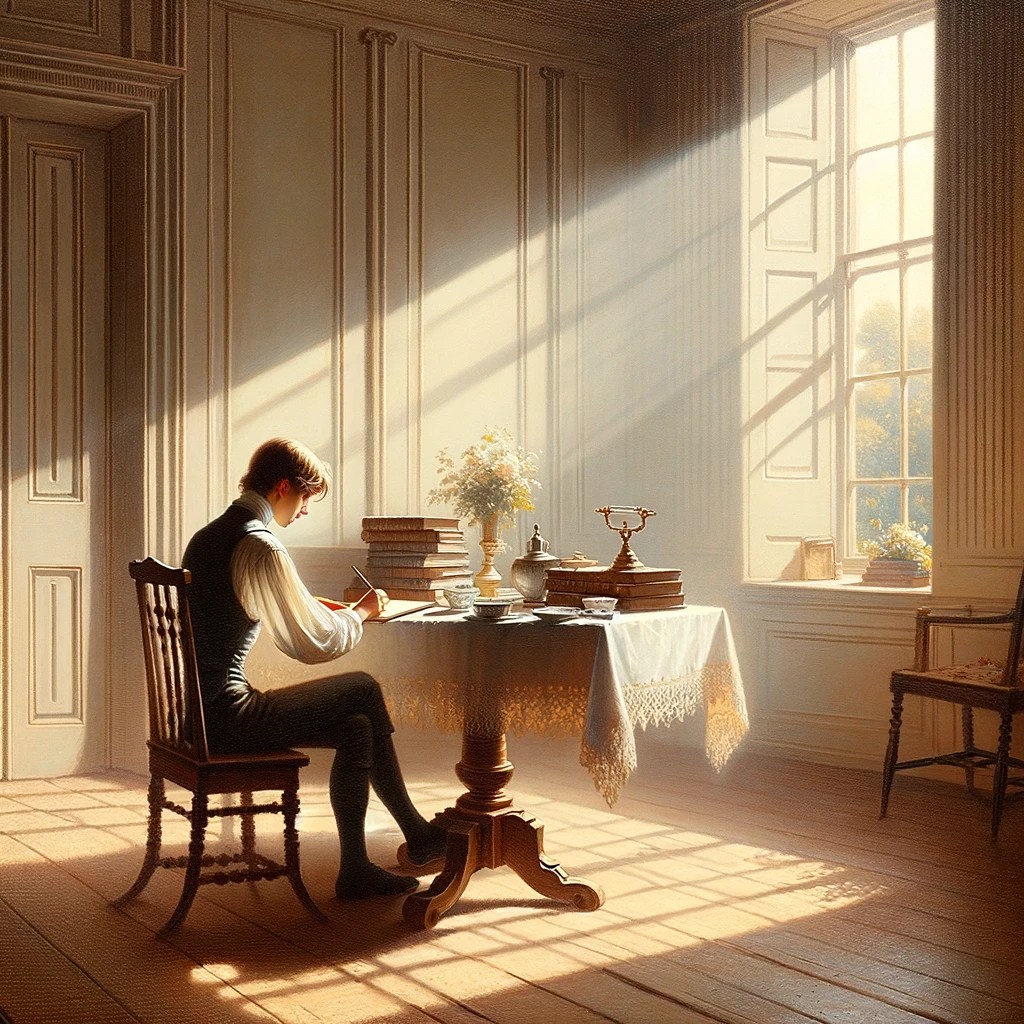 Hombre escrbiendo en un escritorio con una gran ventana