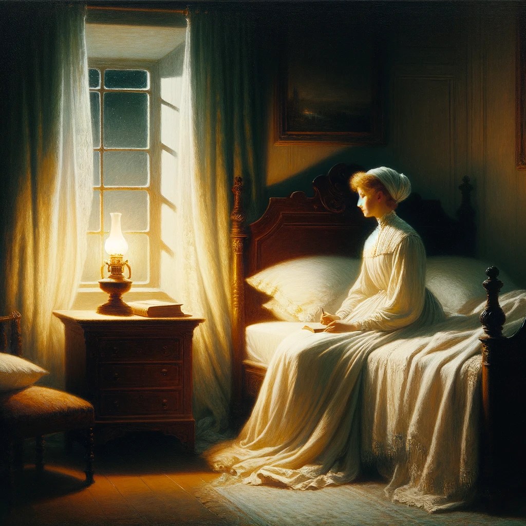Una representación en estilo clasicista de una persona en su dormitorio por la noche, mostrando un ambiente tranquilo y preparado para el sueño. La escena incluirá una cama con ropa de cama suave y cálida, cortinas pesadas que bloquean la luz de la ventana y una pequeña mesa de noche con un libro cerrado. La persona, vestida en un camisón de época, se encuentra en una postura relajada, sentada en el borde de la cama, con una expresión de calma y contemplación, mirando hacia una lámpara de aceite suavemente iluminada, que refuerza la sensación de noche. La atmósfera general es serena y pacífica, ideal para invocar la preparación para una noche de sueño reparador.