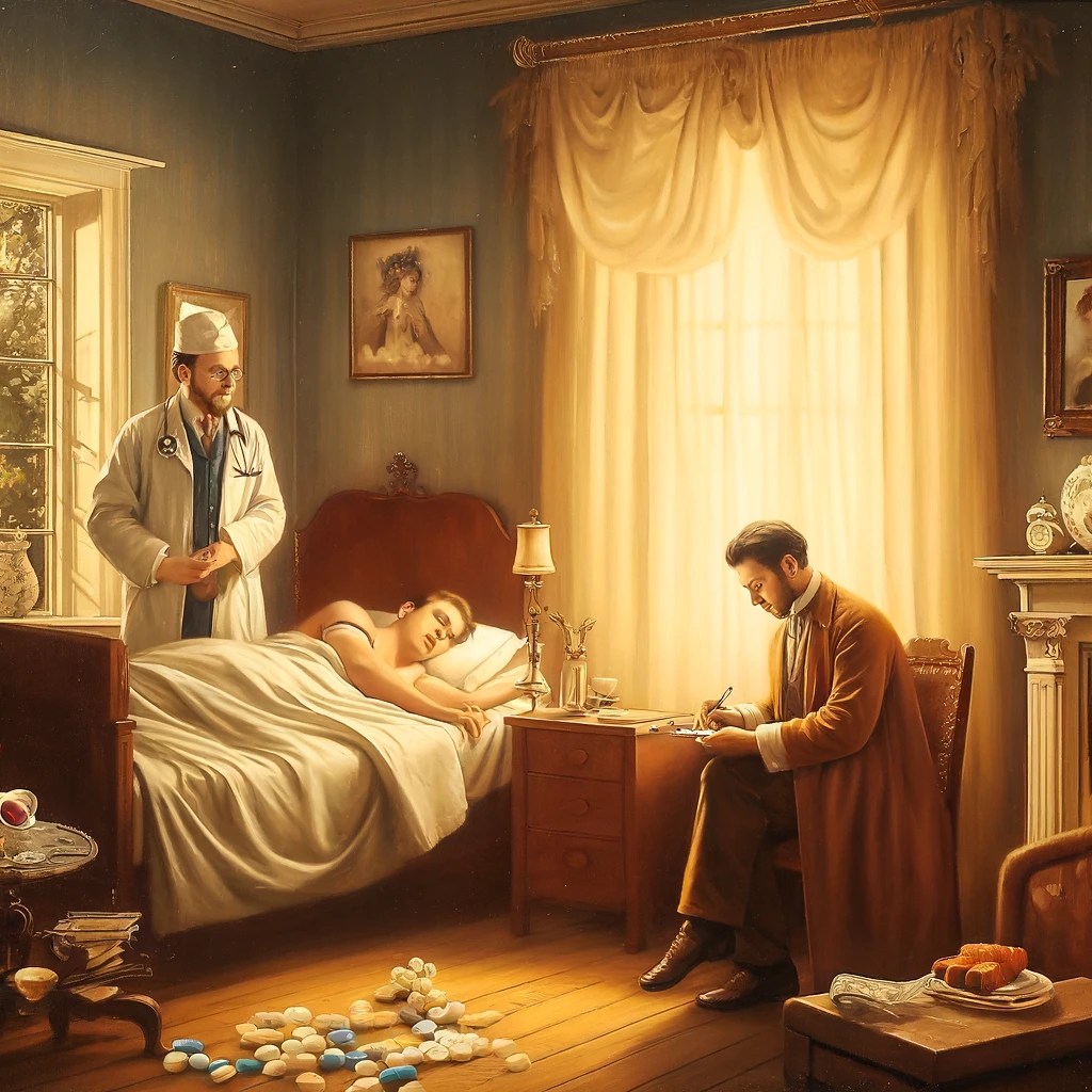  una persona está utilizando medicación para el sueño bajo supervisión médica, en un entorno decorado al estilo del siglo XIX.