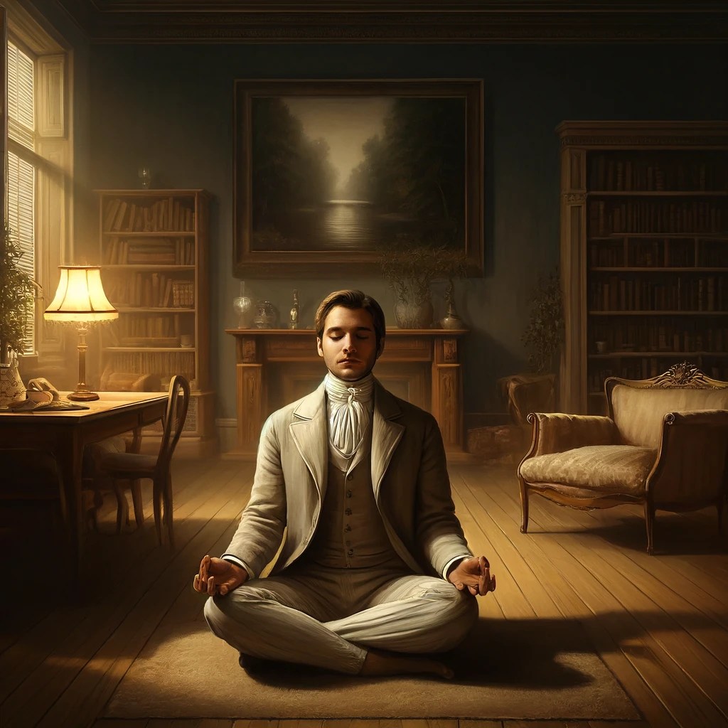  muestra a una persona practicando meditación mindfulness en una sala de estar del siglo XIX para combatir el insomnio.