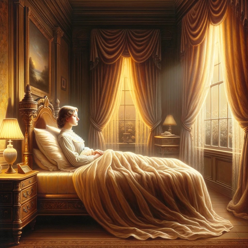 una persona utilizando técnicas de visualización guiada para dormir en un dormitorio estilo siglo XIX. 