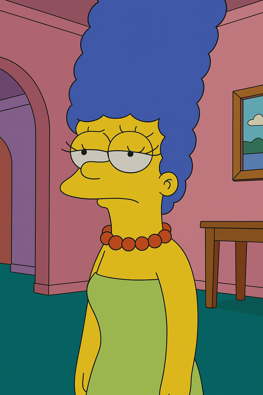 Marge Simpson de pie en la sala de su casa