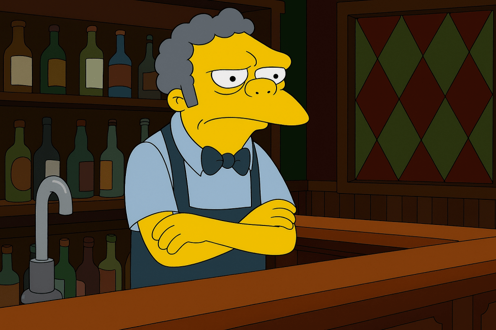 Moe Szyslak detrás de la barra en su taberna