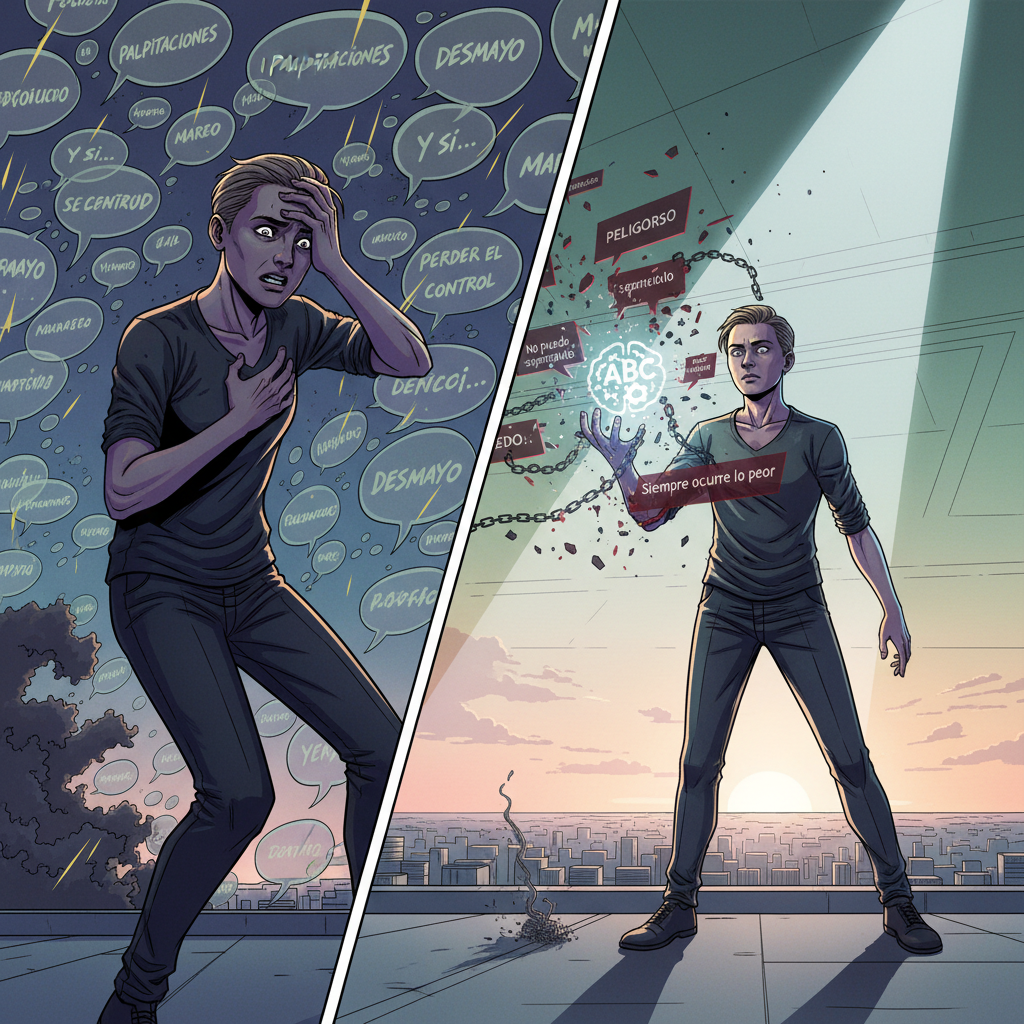 Una persona enfrentando una figura de miedo abstracta, estilo cómic