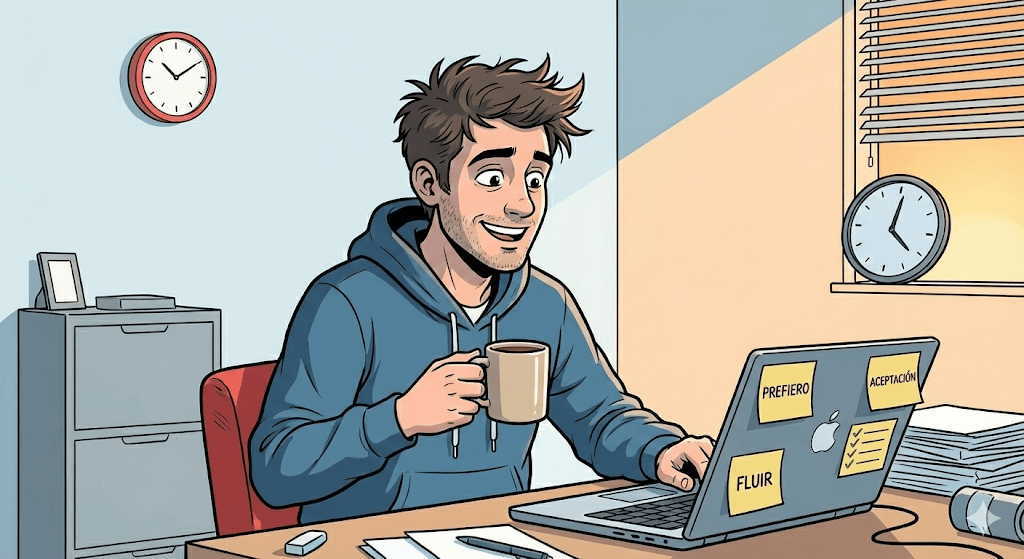 Representación del concepto de "Preferencias vs. Exigencias" en la Terapia Racional Emotiva Conductual (TREC). El personaje muestra alivio y productividad sana al sustituir la tiranía de los "debería" por una mentalidad flexible y realista, reduciendo el estrés laboral y la ansiedad.