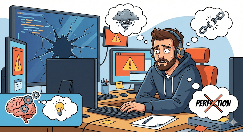 Ilustración vectorial de un trabajador remoto estresado frente a monitores rotos y mensajes de error, experimentando ansiedad y pensamientos intrusivos sobre el perfeccionismo y la catástrofe.