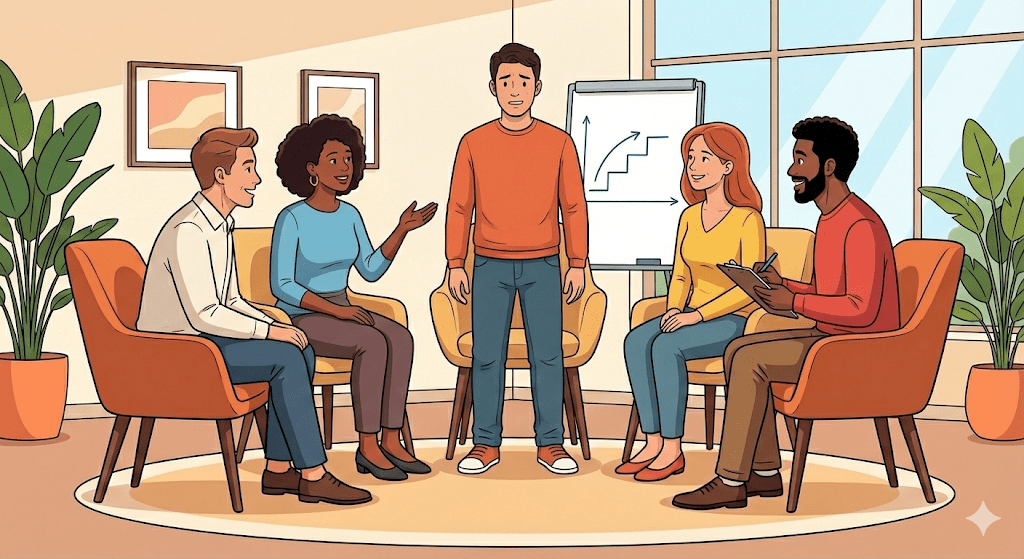 Paciente realizando ejercicio de exposición conductual frente a un grupo de terapia y psicólogo.