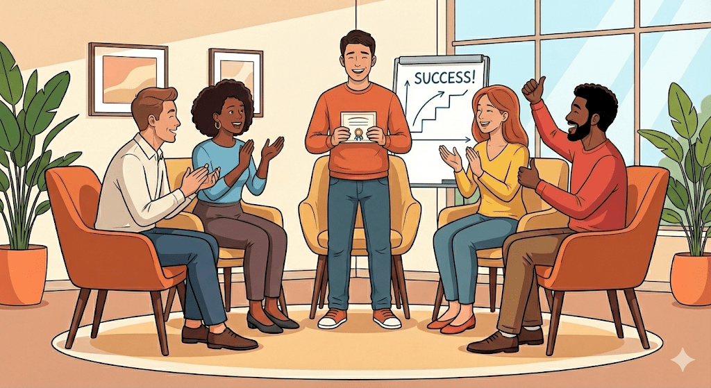 Celebración de logros en terapia de grupo, paciente superando ansiedad social con refuerzo positivo.