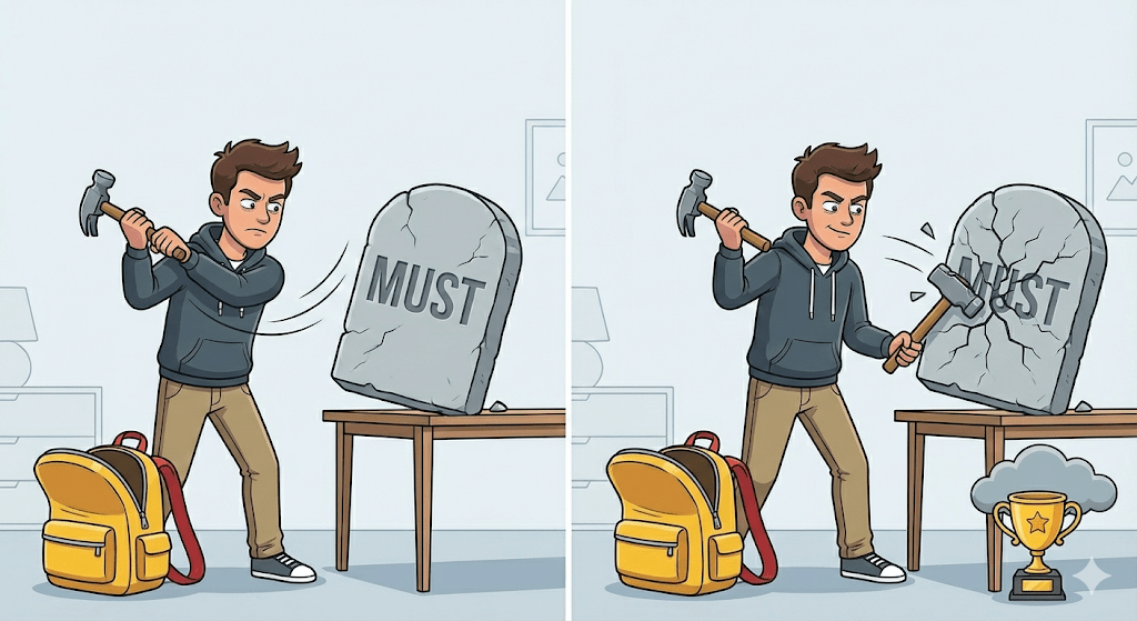 Personaje rompiendo una lápida de piedra con la palabra MUST usando un martillo, metáfora de reestructuración cognitiva.