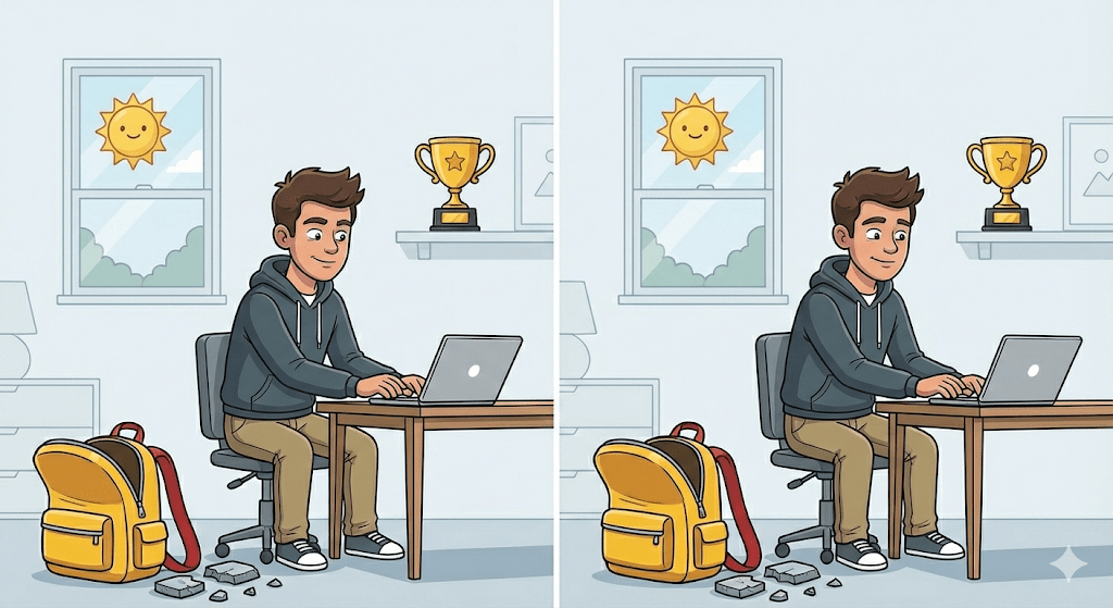 Trabajador digital productivo y tranquilo en su escritorio con luz solar, representando salud mental y autoaceptación.