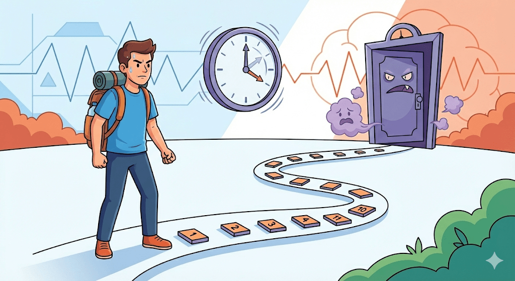 Ilustración vectorial de un hombre sintiendo ansiedad frente a un desafío, acompañado de un reloj grande, representando la importancia del tiempo y la habituación durante la terapia de exposición.