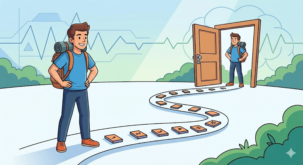 Ilustración vectorial de un hombre con postura confiada y sonriente tras cruzar una puerta que antes parecía amenazante, simbolizando el éxito en la terapia de exposición y la superación del miedo.