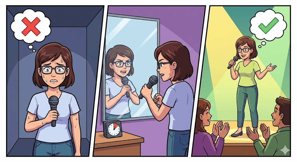 Ilustración vectorial estilo cómic de tres paneles que demuestra la técnica de auto-exposición para la ansiedad. En el primer panel, una mujer se muestra ansiosa y sudorosa sosteniendo un micrófono en un espacio cerrado, representando el miedo inicial. En el segundo panel, la misma mujer practica frente a un espejo con un cronómetro, simbolizando la exposición controlada y la preparación. En el tercer panel, la mujer aparece segura y sonriente hablando ante una audiencia que aplaude, ilustrando la habituación y el éxito terapéutico.