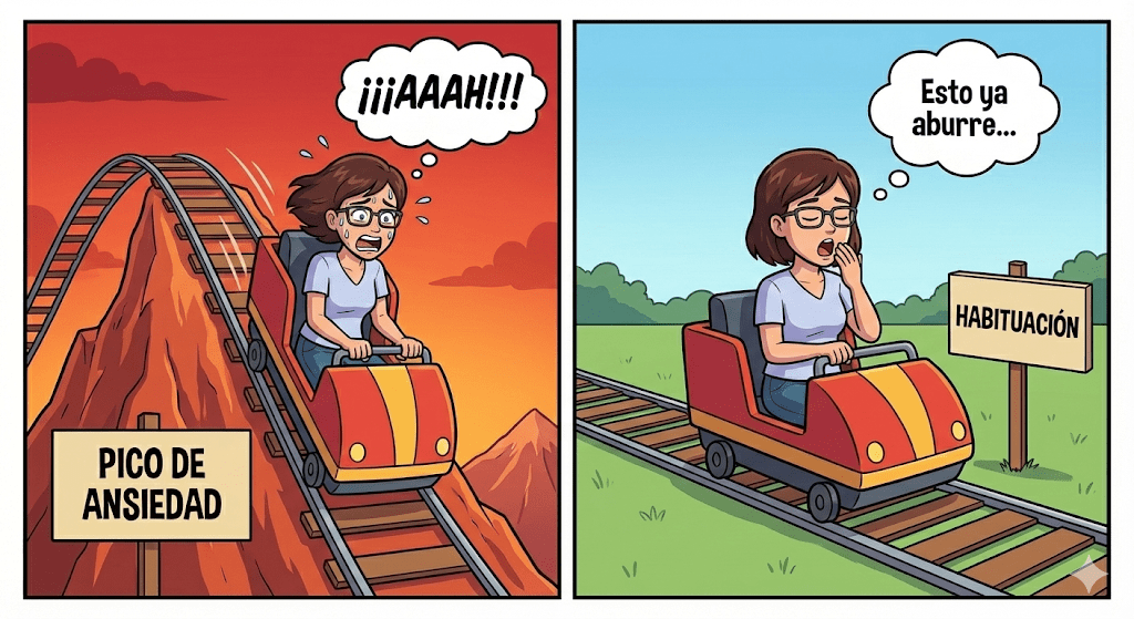 Ilustración vectorial de tres viñetas que explica la técnica de auto-exposición. En la primera viñeta, una mujer con gafas suda nerviosamente sosteniendo un micrófono en un ascensor, con un globo de pensamiento que muestra una "X" roja, simbolizando el miedo y la evitación. En la segunda viñeta, la mujer practica frente a un espejo con un cronómetro, representando la exposición gradual y controlada. En la tercera viñeta, la mujer habla con confianza en un escenario iluminado mientras dos personas aplauden, con un globo de pensamiento que muestra una marca de verificación verde, indicando el éxito al superar la ansiedad.