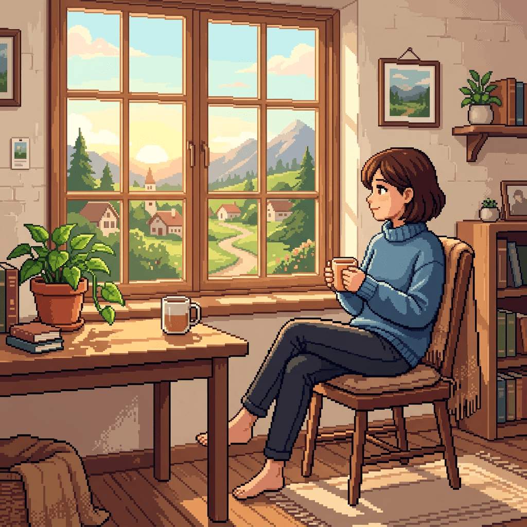 Woman sitting by a window holding a cup with a view of a village and mountains at sunrise