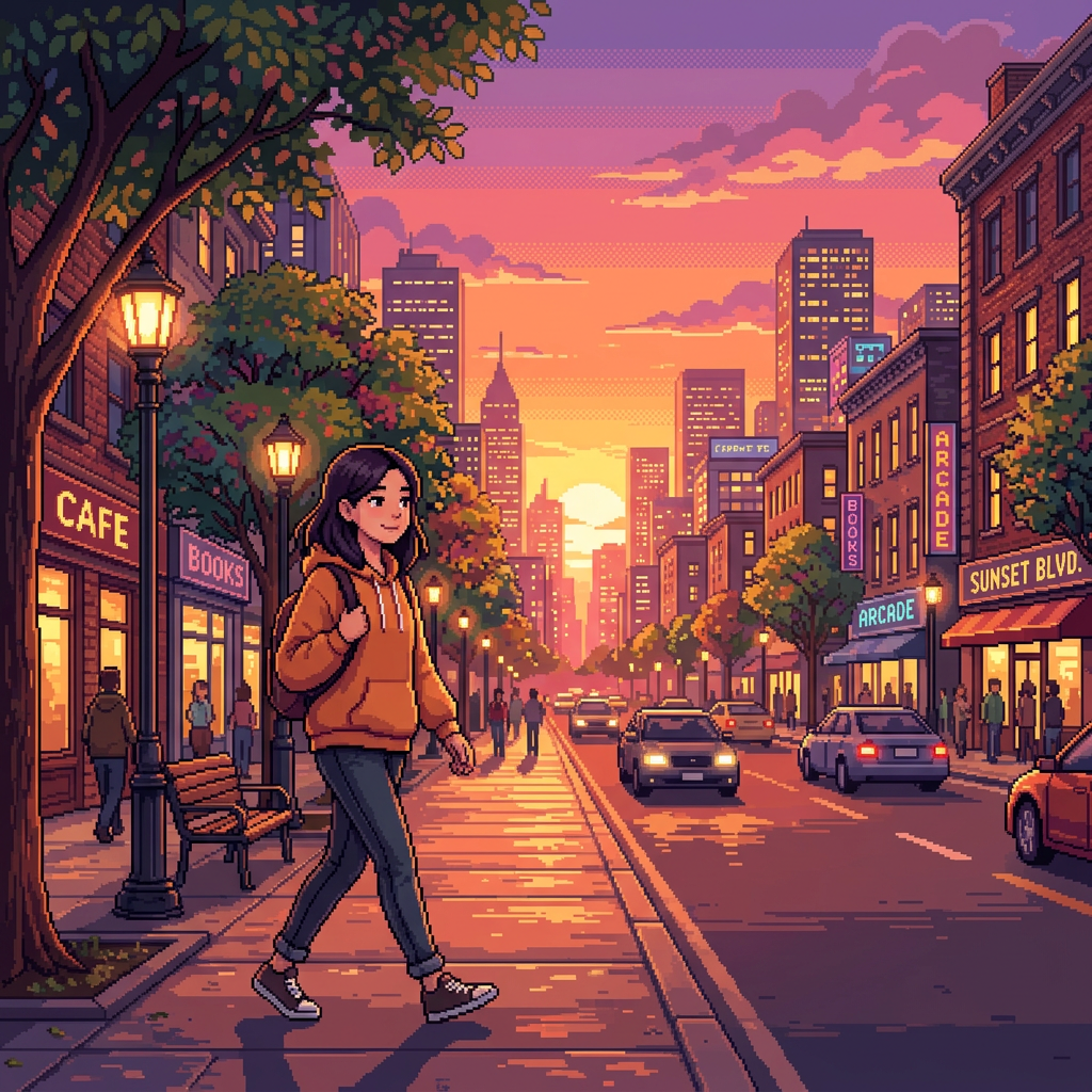 Pixel art woman walking downtown at sunset beside cafes and shops