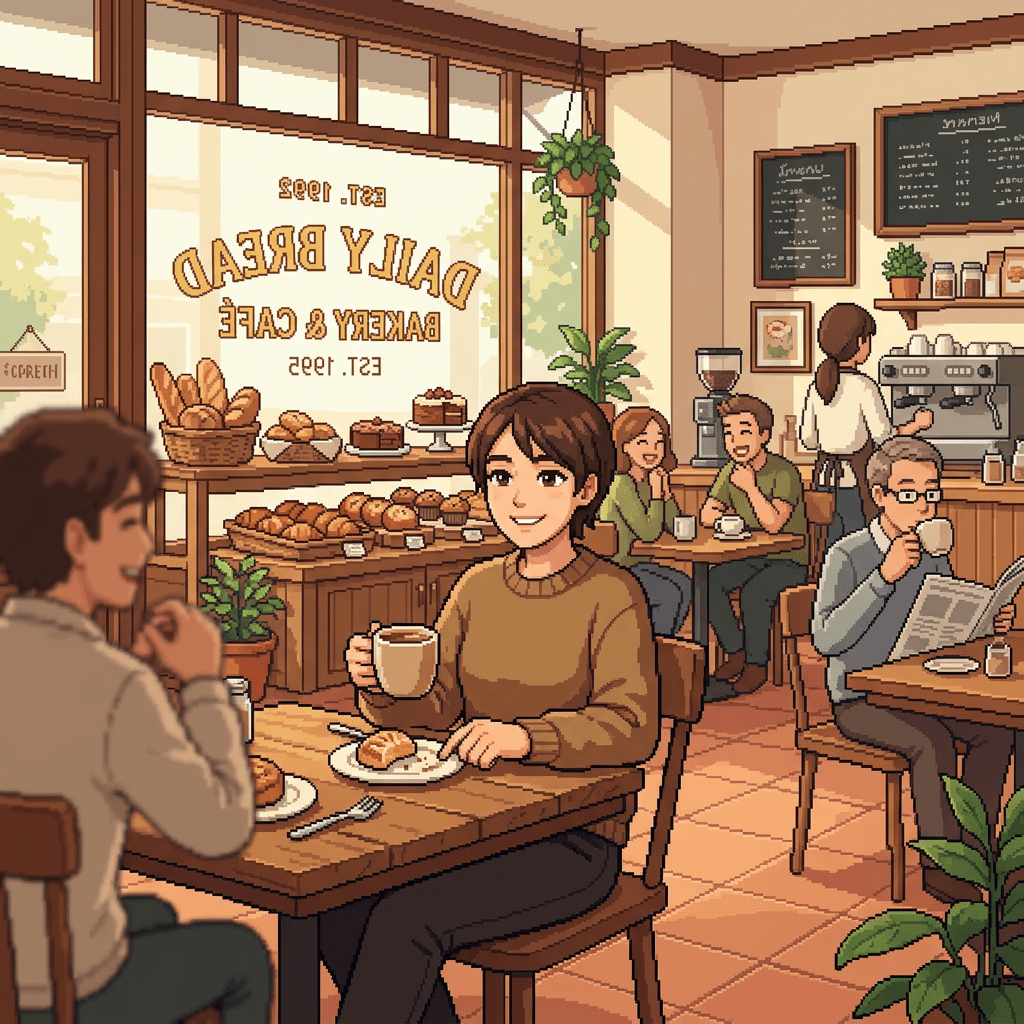Pixel-art bakery café with customers enjoying coffee, pastries, and conversation