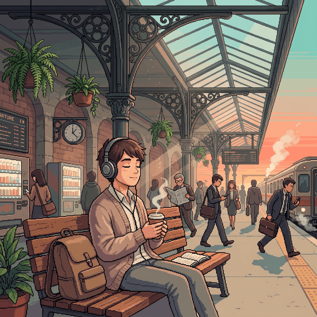 Traveler with headphones holding coffee at a busy train station